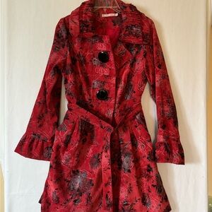 Pura Vida Red Ruffle Floral Trench Pea Coat Jacket Bohemian Elegant